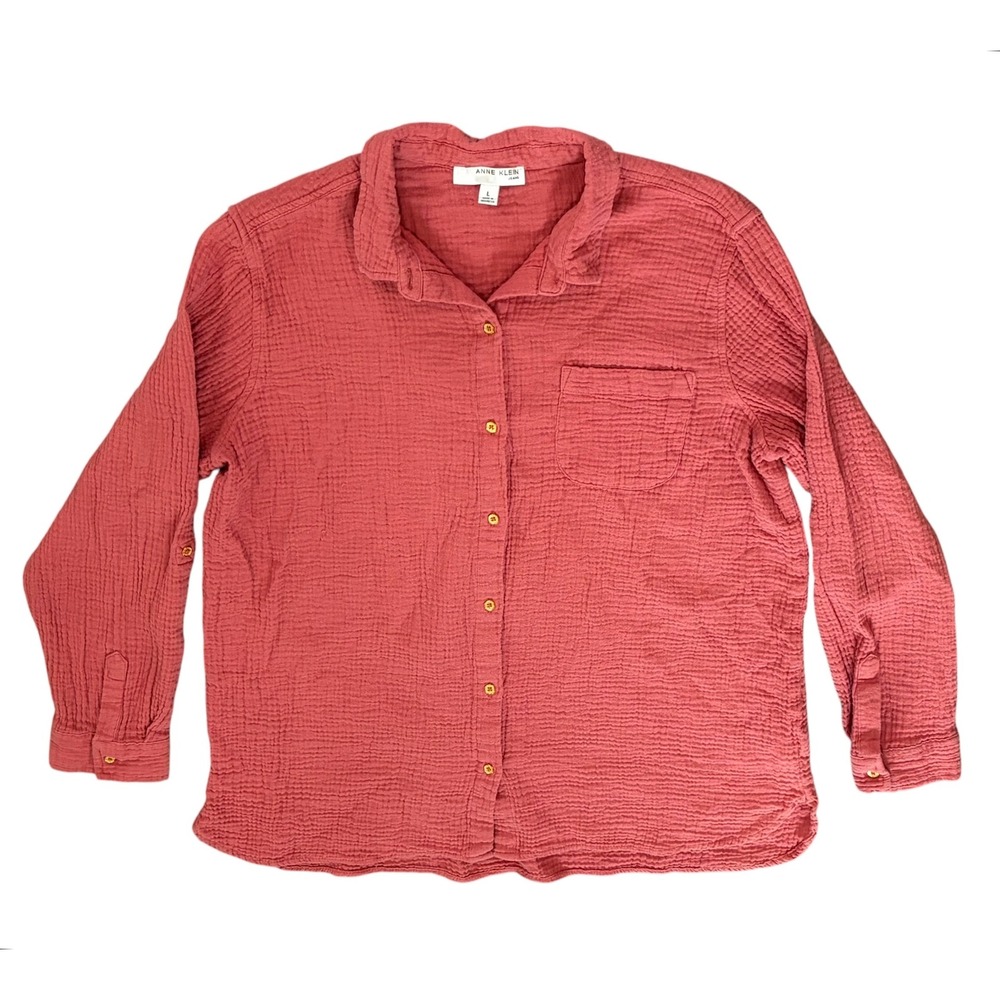 Anne Klein Lucile Double Gauze Button Down Shirt Rose Pink Large Roll Tab Boho